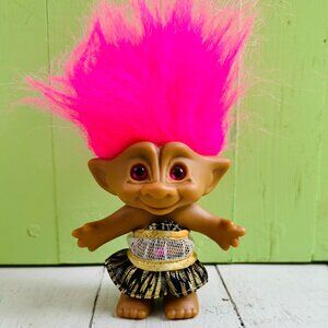 Vintage Russ Troll Doll Pink Hair Orange Eyes Cheetah Dress Troll Doll